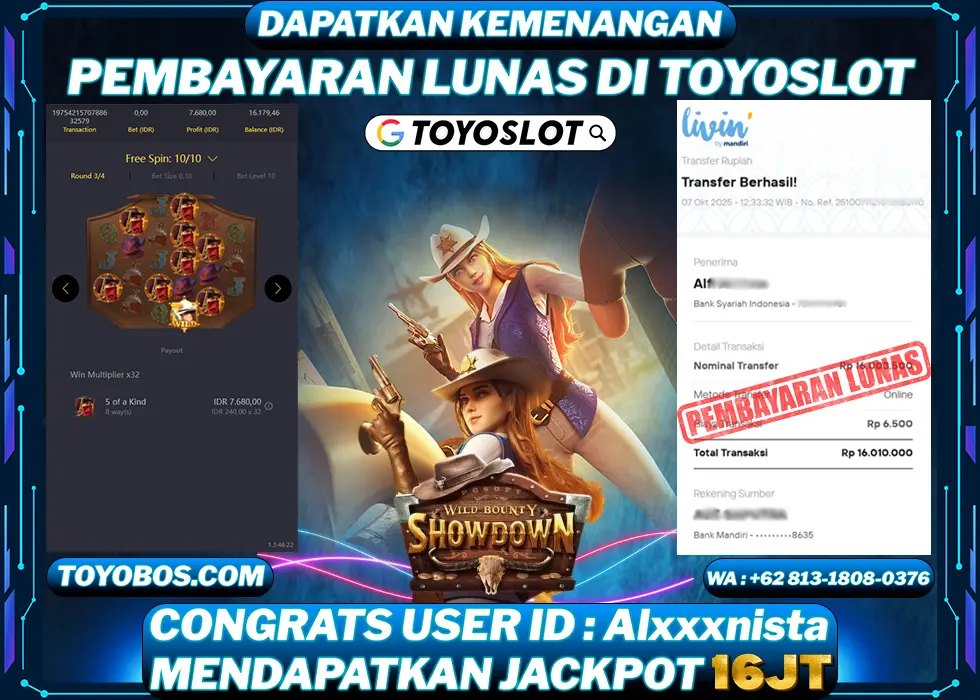 TOYOSLOT - BUKTI KEMENANGAN Wild bounty showdown Rp16,010,000,- LUNAS